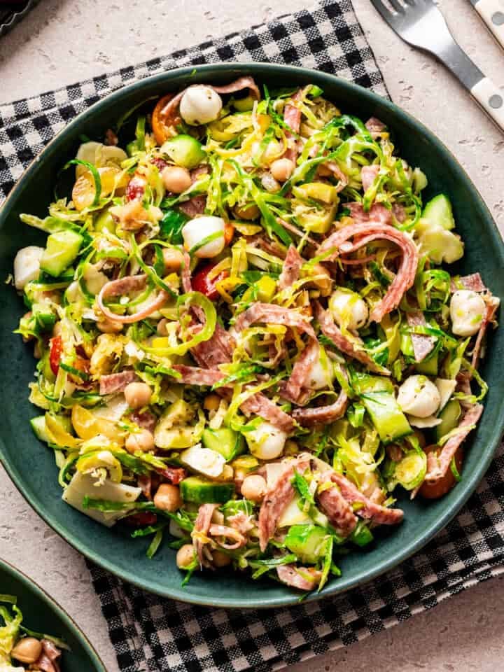 Overhead view of Italian chopped salad in a bowl.