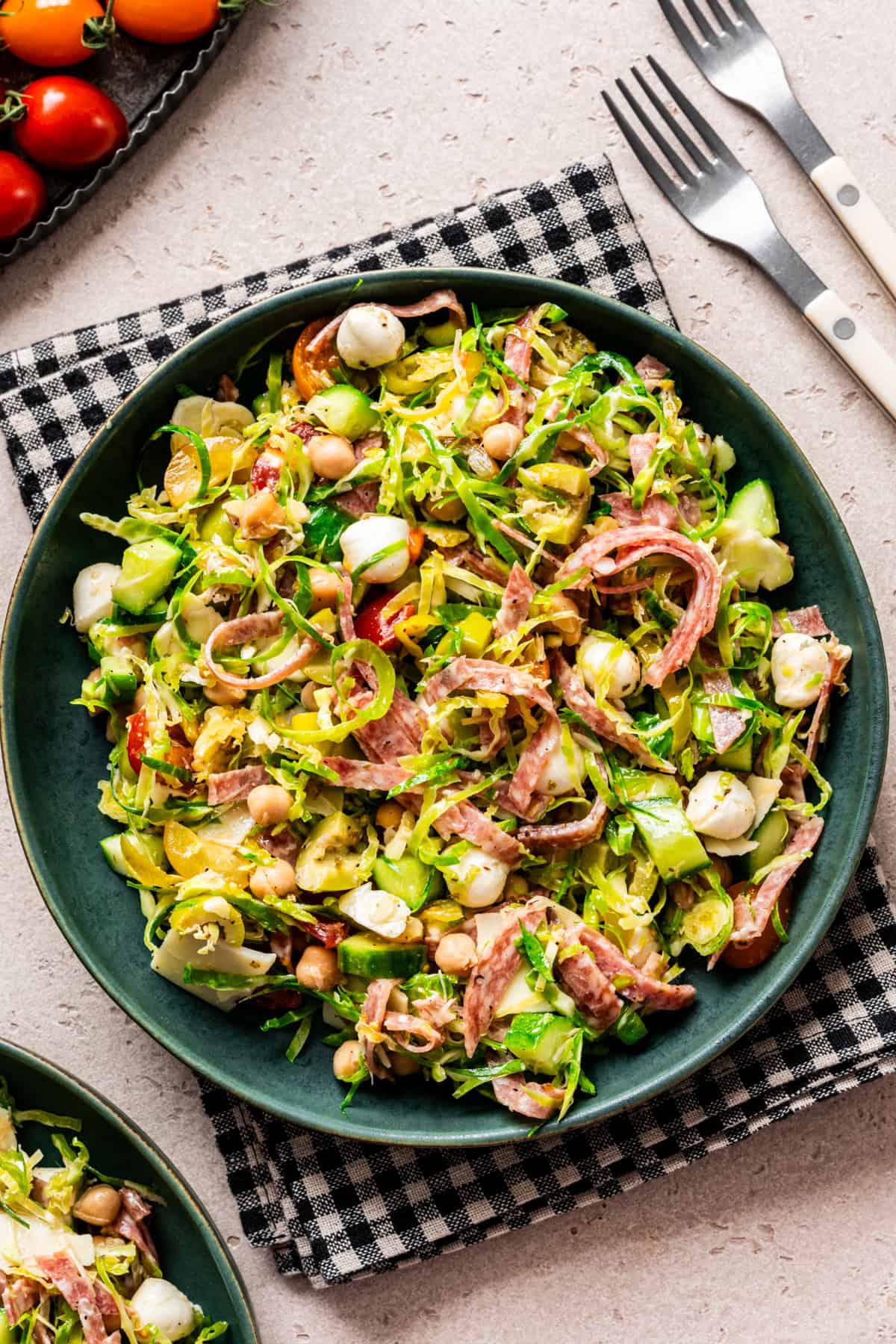 Overhead view of Italian chopped salad in a bowl.