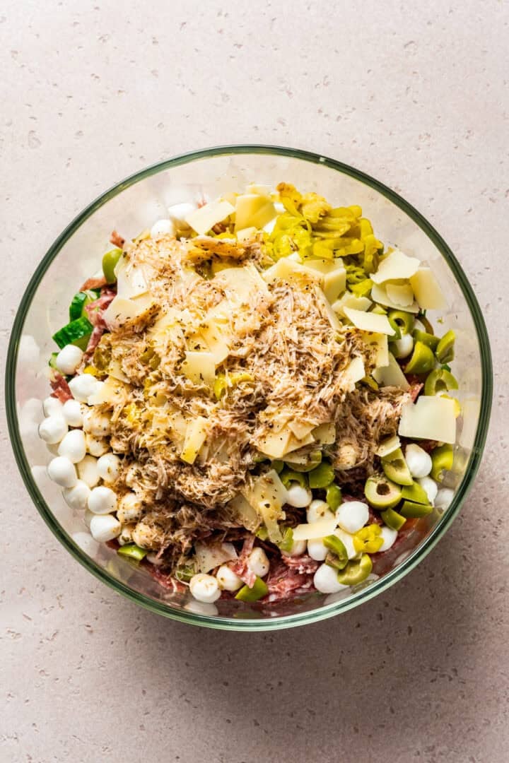 Italian chopped salad before tossing with vinaigrette.