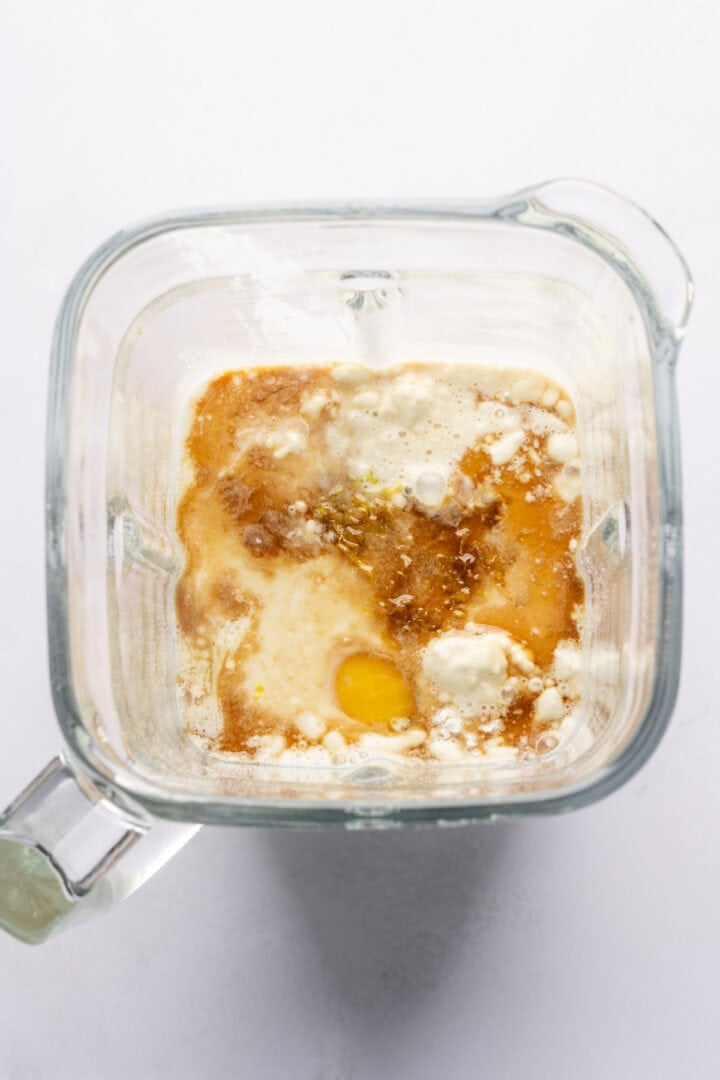 Dutch baby pancake batter in a blender before blending. 