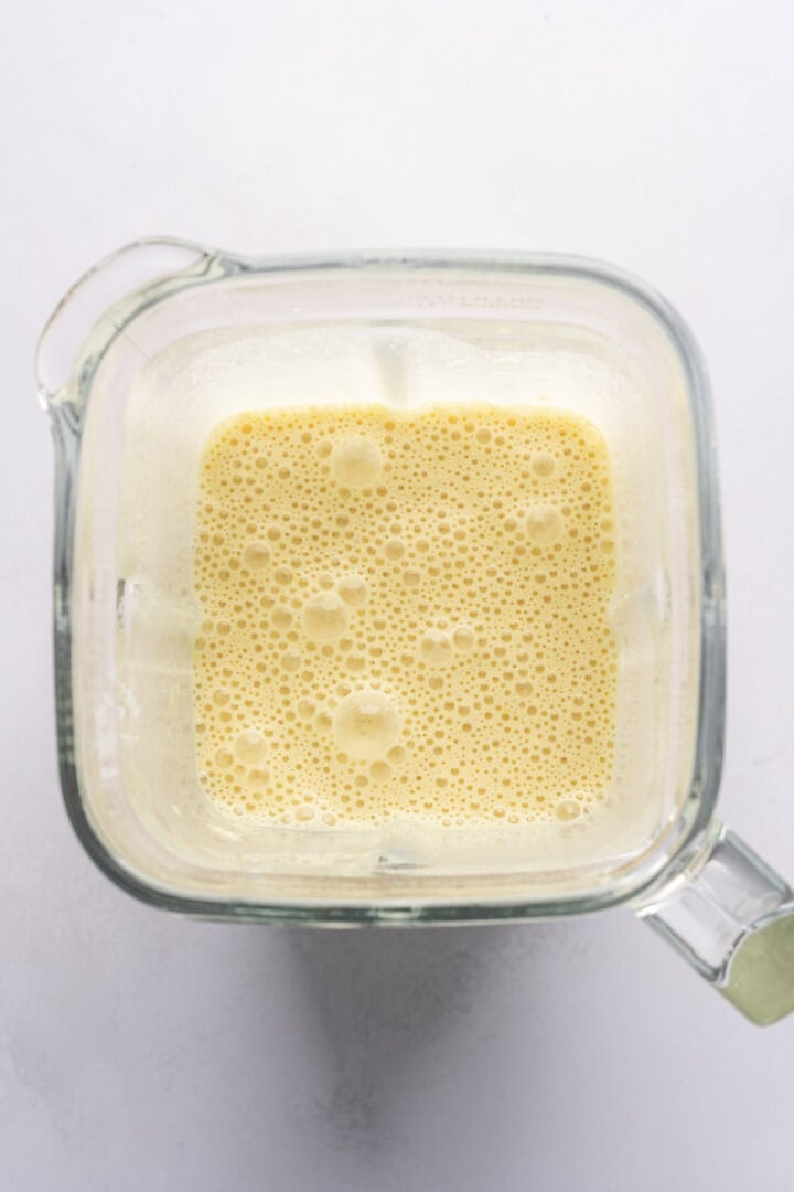Dutch baby pancake batter in a blender after blending. 