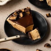 Close up view of a slice of peanut butter mousse pie.