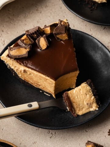 Close up view of a slice of peanut butter mousse pie.