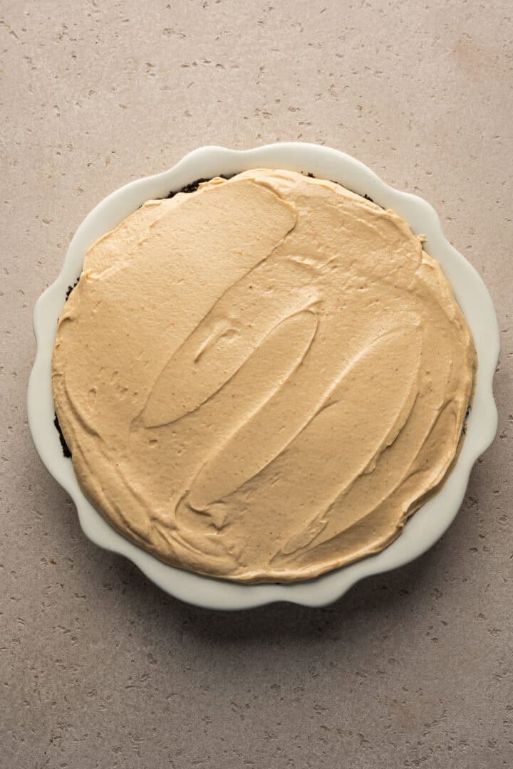 Finished peanut butter mousse pie before adding chocolate ganache on top.