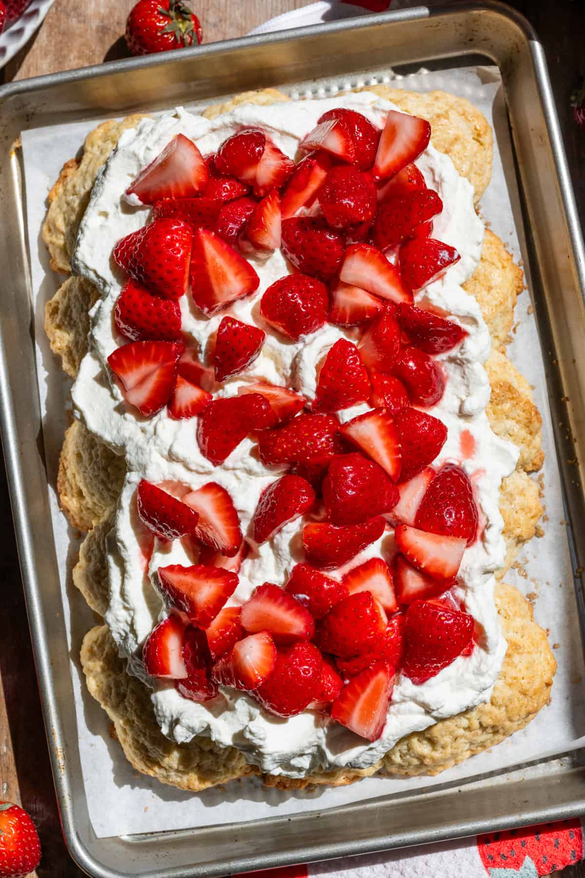 Overhead view of sheet pan strawberry shortcake.
