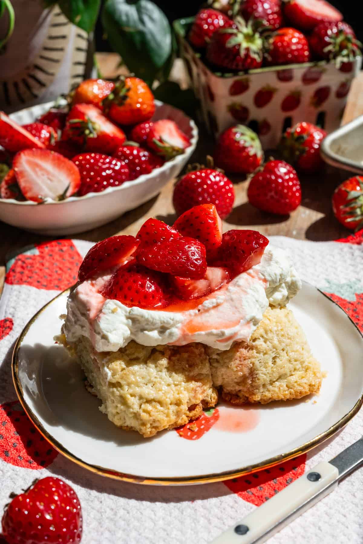 Slice of strawberry shortcake on a plate with strawberries in the background.