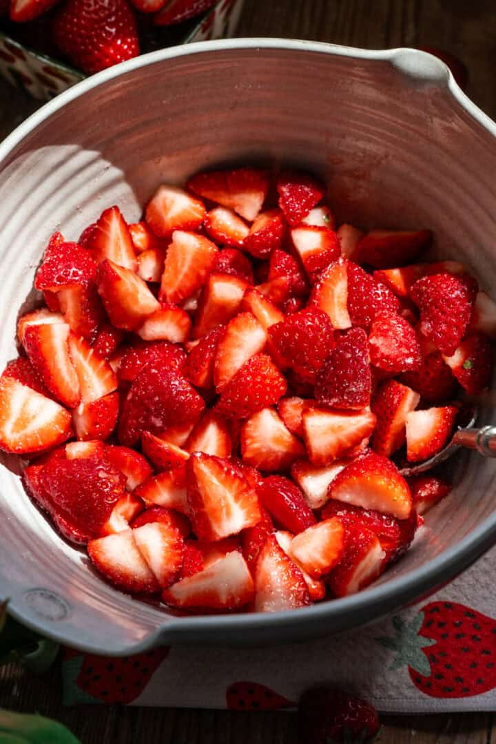 Strawberries in bowl before macerating. 