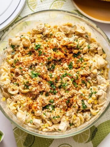 Overhead view of elote pasta salad.