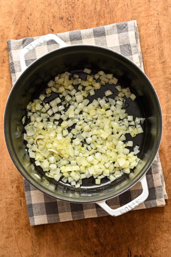 Sauteed onion in a cast iron pot. 