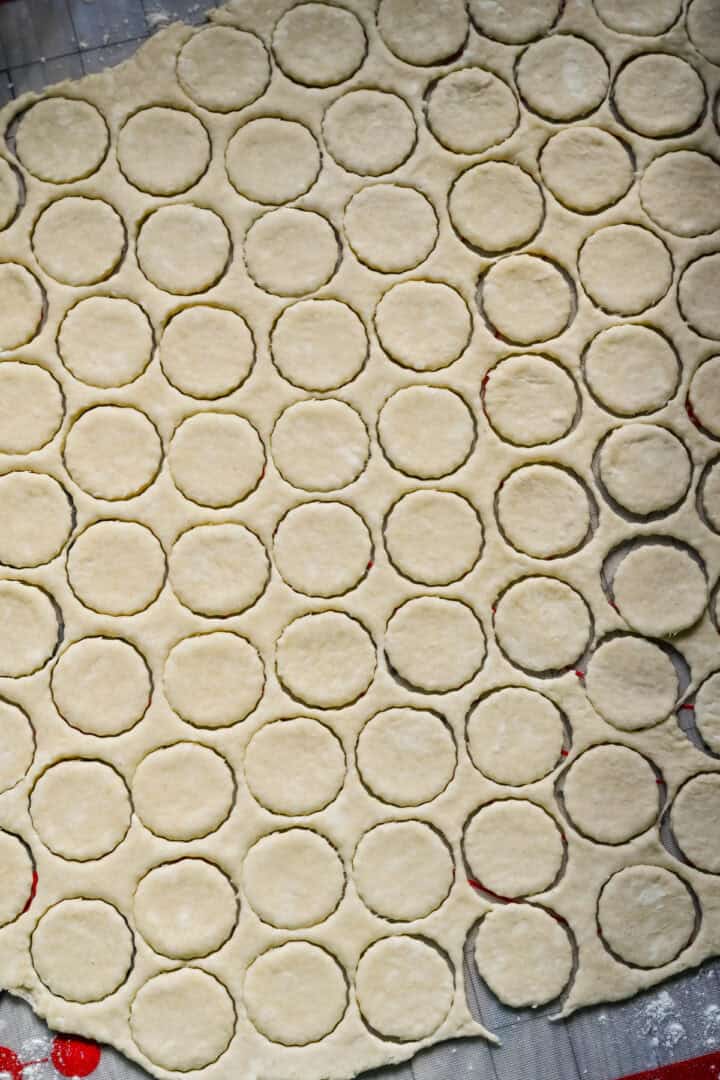 Circles cut out of homemade cracker dough.