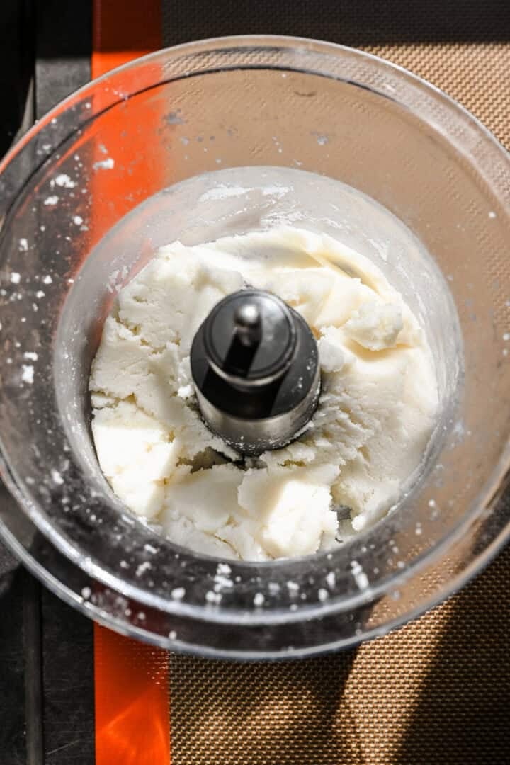 Overhead view of rice cracker dough after blending.