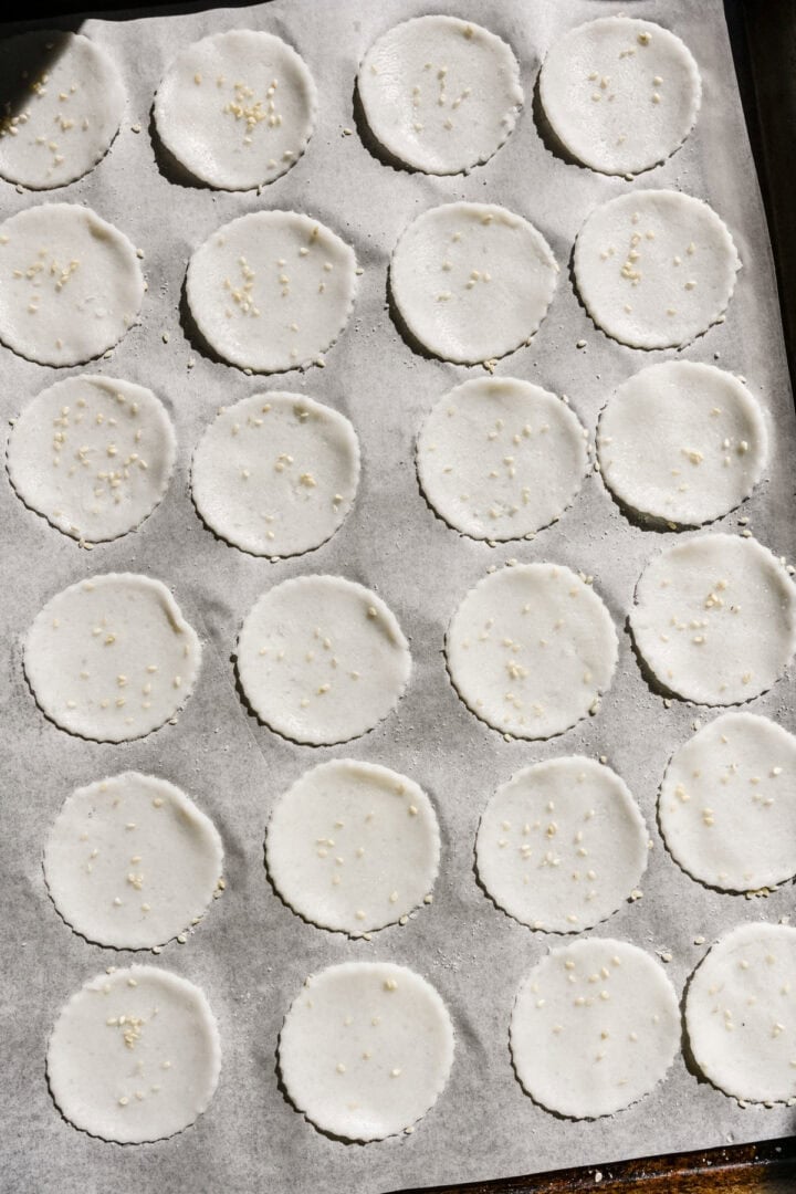 Rice cracker dough transferred to a sheet pan.