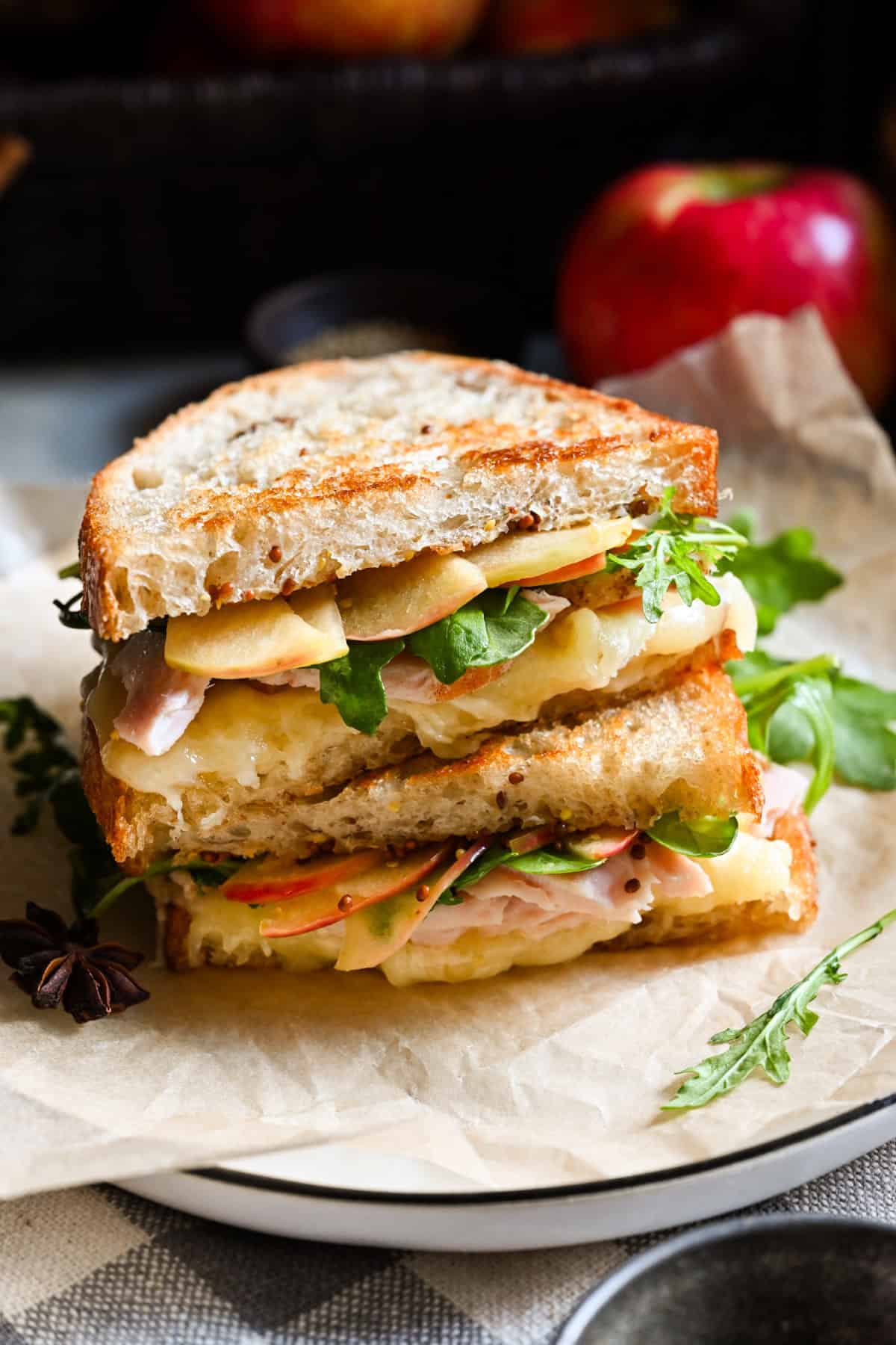 Close up view of grilled cheese with turkey, cheddar, arugula and pickled apples.