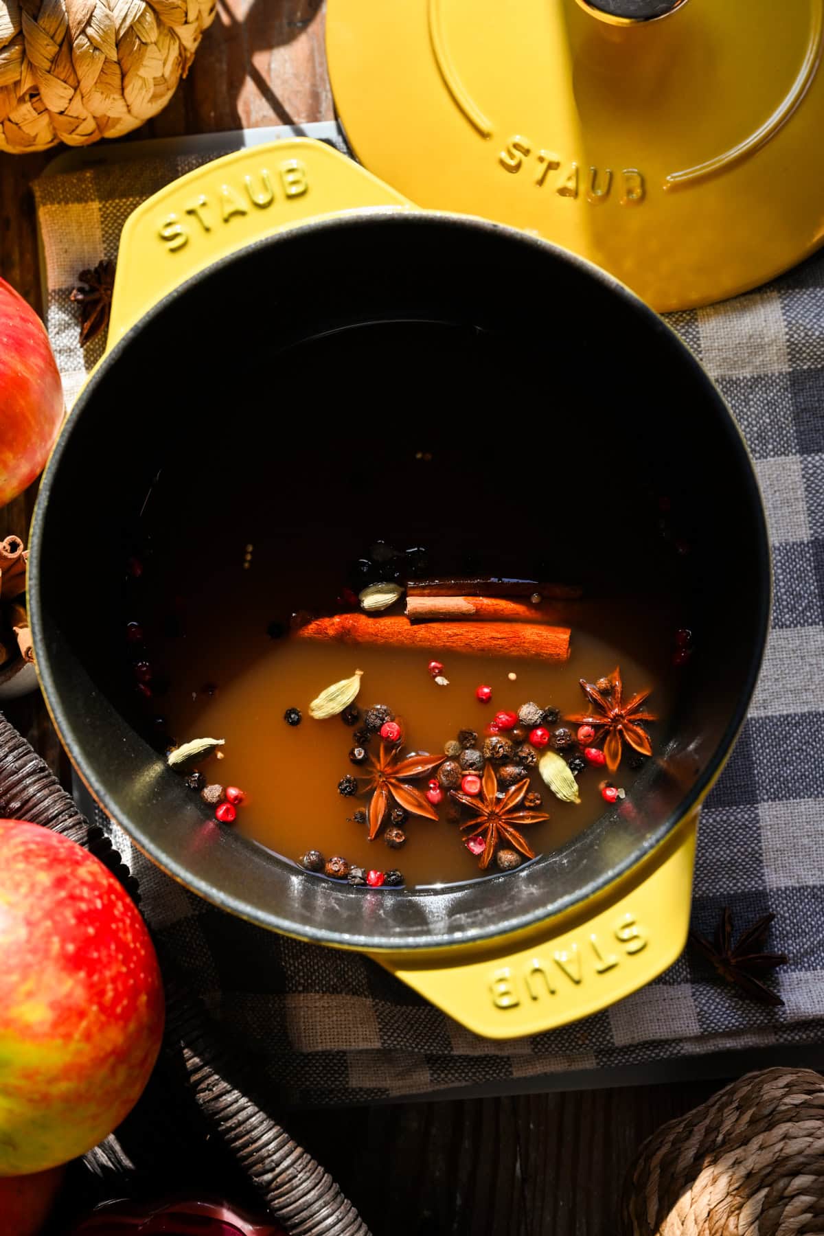 Overhead view of pickling brine ingredients in pot for apple pickles. 