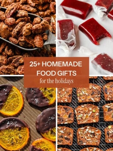 4 photos of holiday food gifts, including candied nuts, caramels, candied oranges and crackers with text overlay.