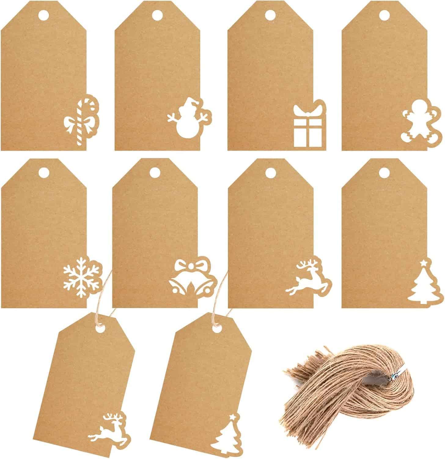 paper gift tags with holiday cutouts in the bottom.
