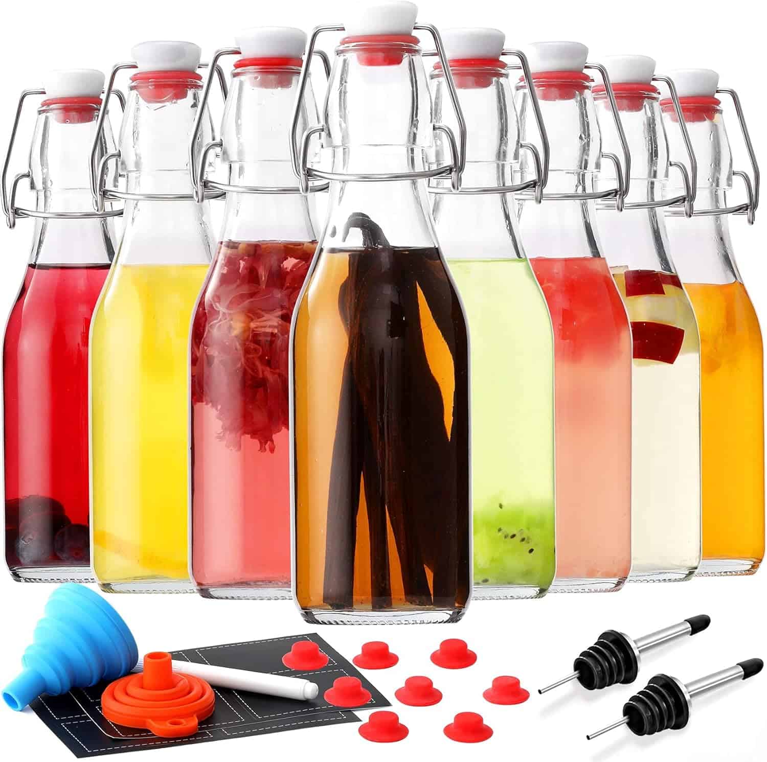 Swing top bottles filled with different syrups.