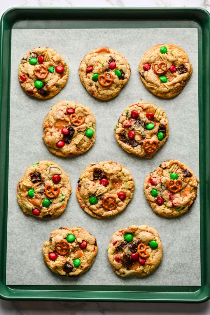 Overhead view of cookies on a baking sheet after baking.