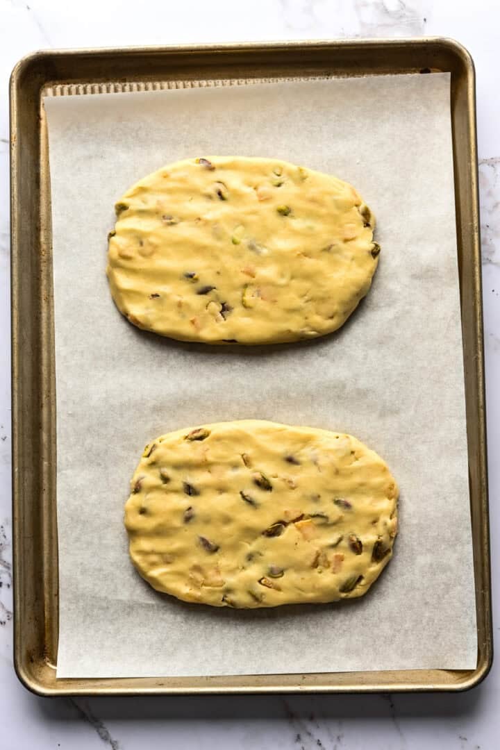 Biscotti loaves before baking.