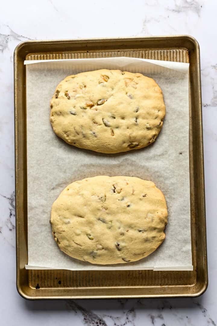 Biscotti loaves after baking.