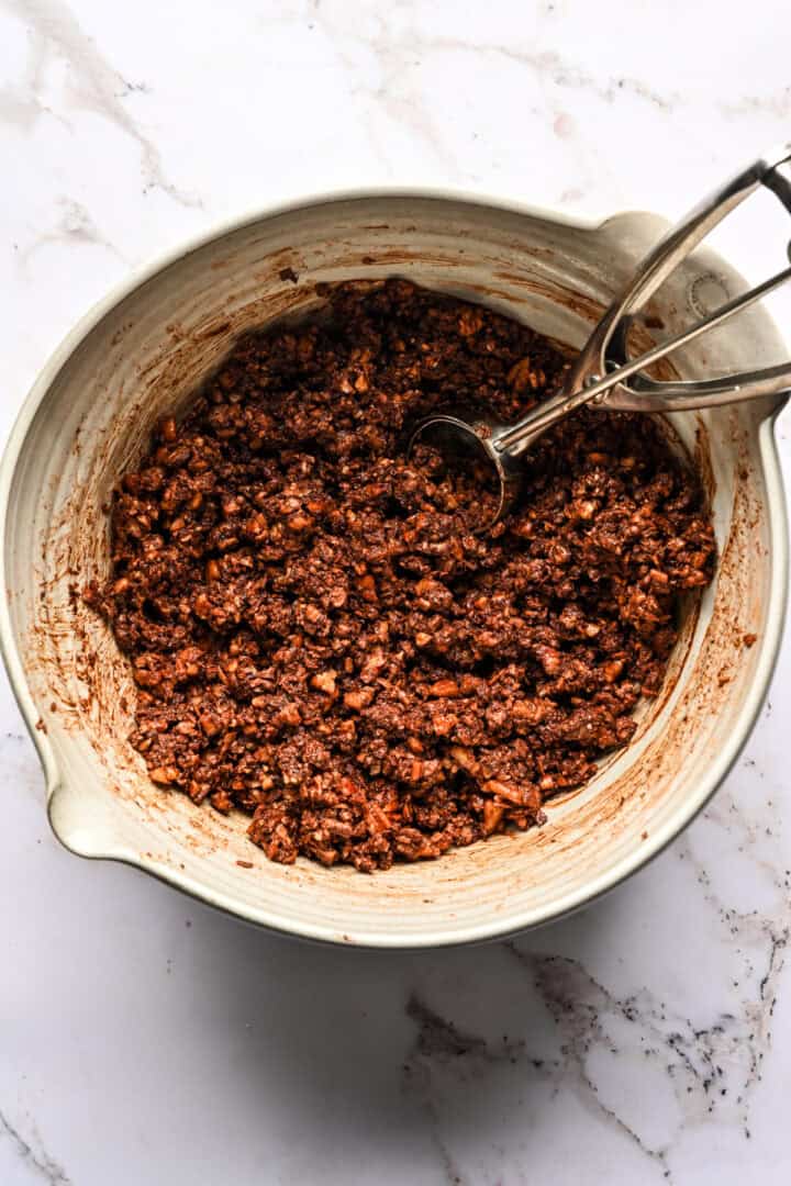 Overhead of bourbon ball dough before scooping and shaping.