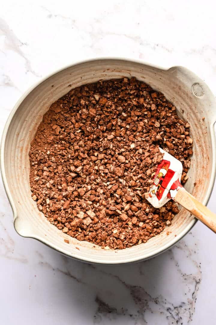 Overhead view of bourbon ball dough before adding wet ingredients.