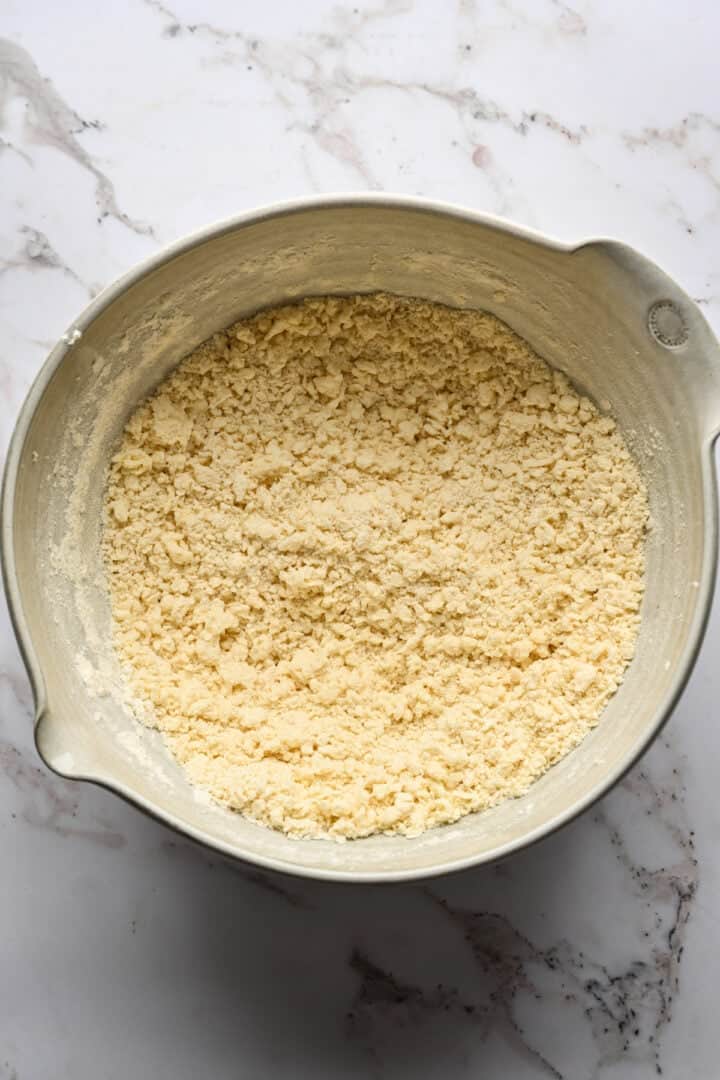 Dry and wet ingredients mixed together in a bowl.