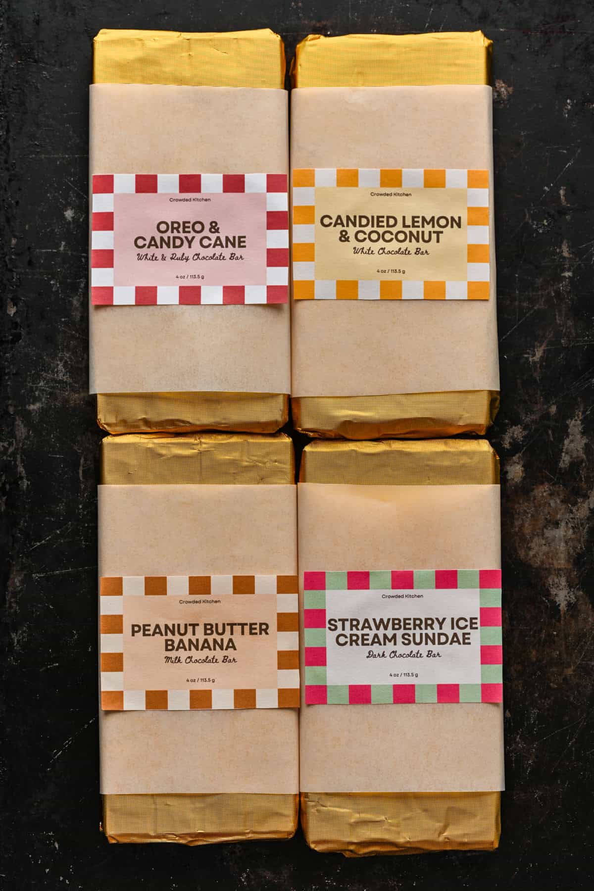 Overhead view of chocolate bars with labels on them.