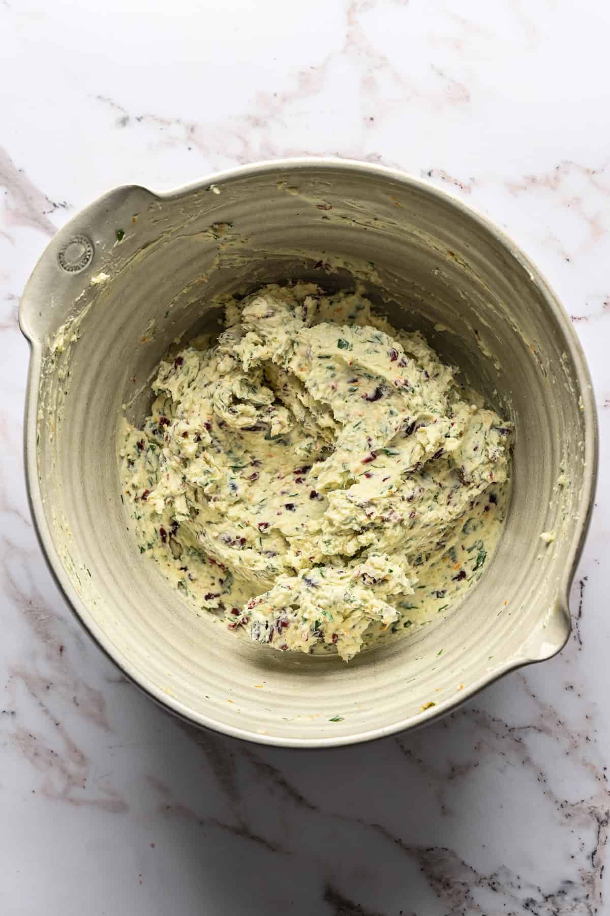 cheese ball mixture in a mixing bowl.