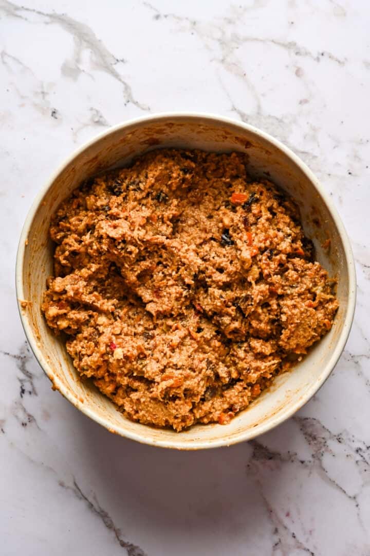 Figgy pudding finished batter in a bowl.