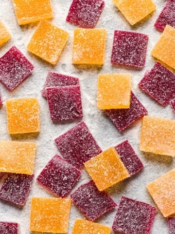 Overhead view of pate de fruit on a sheet pan.