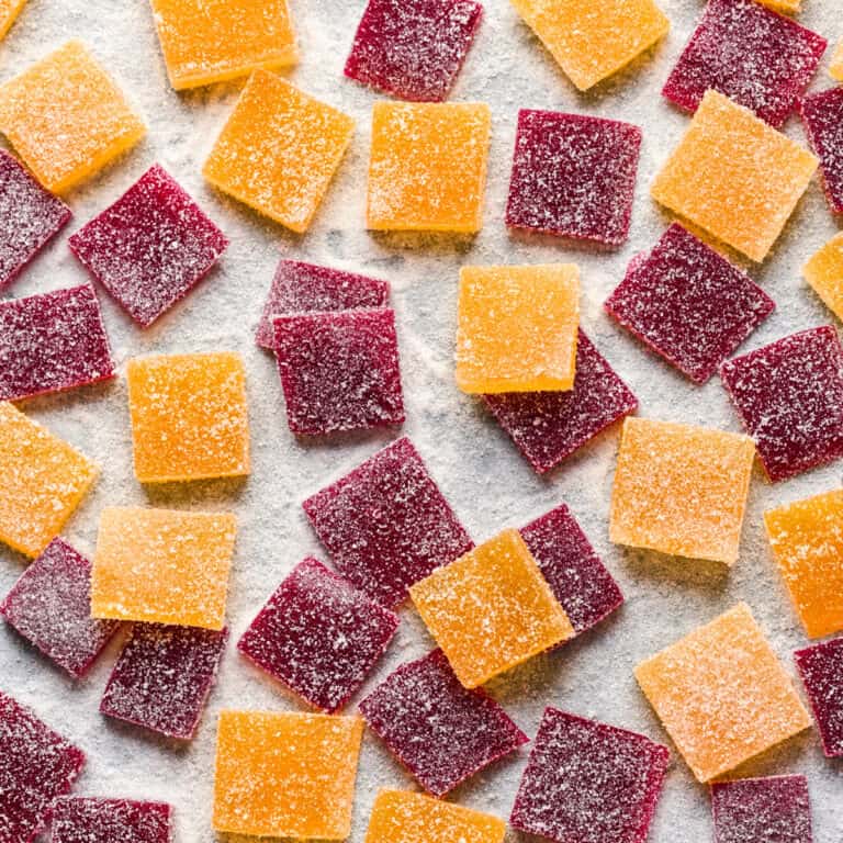 Overhead view of pate de fruit on a sheet pan.