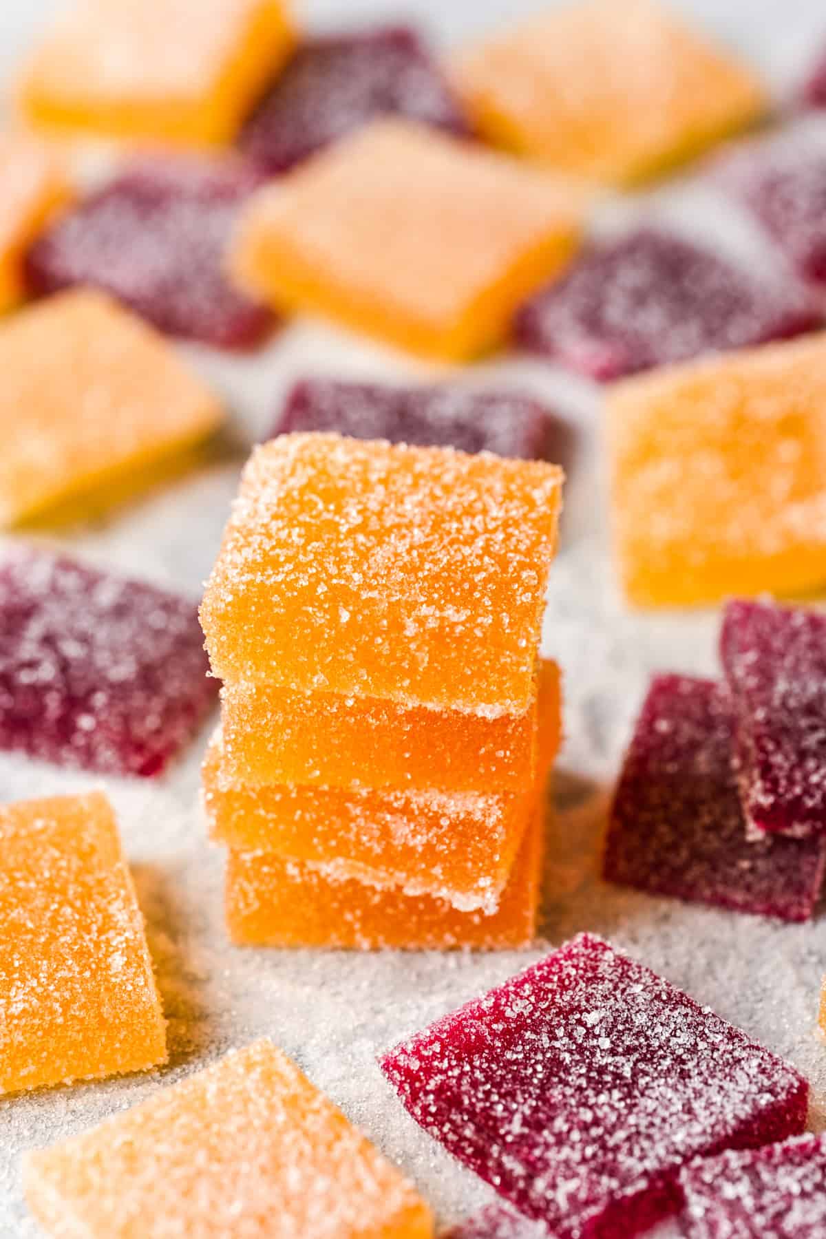 Front view of pate de fruit coated in sugar