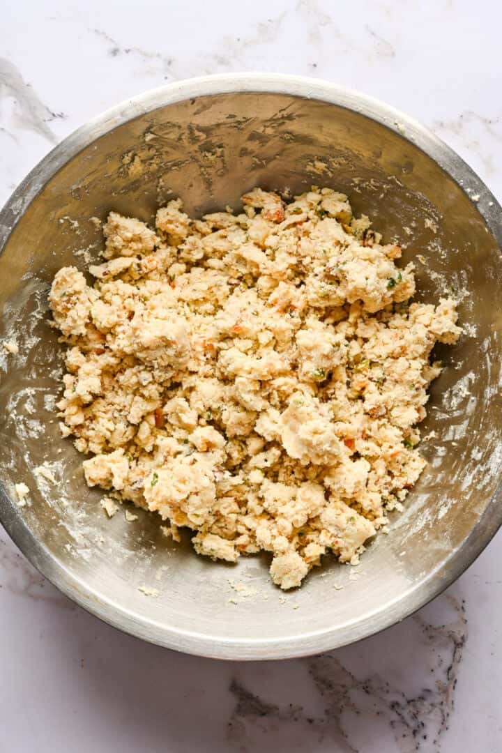 overhead view of panettone cookie dough in a bowl.