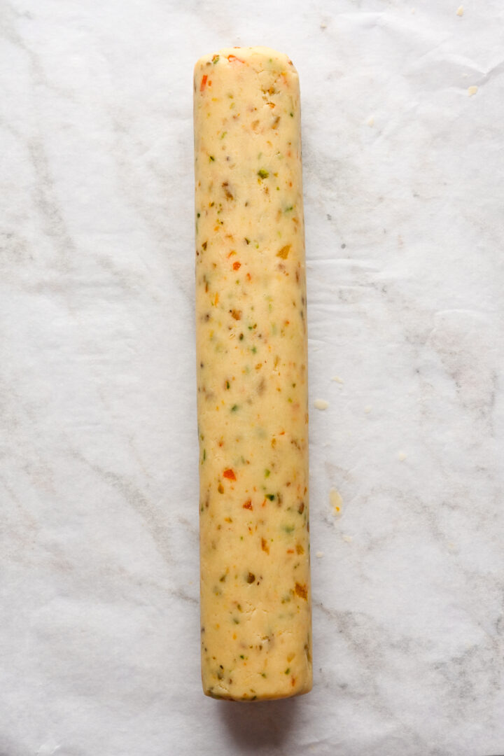 overhead view of a log of panettone cookie dough.