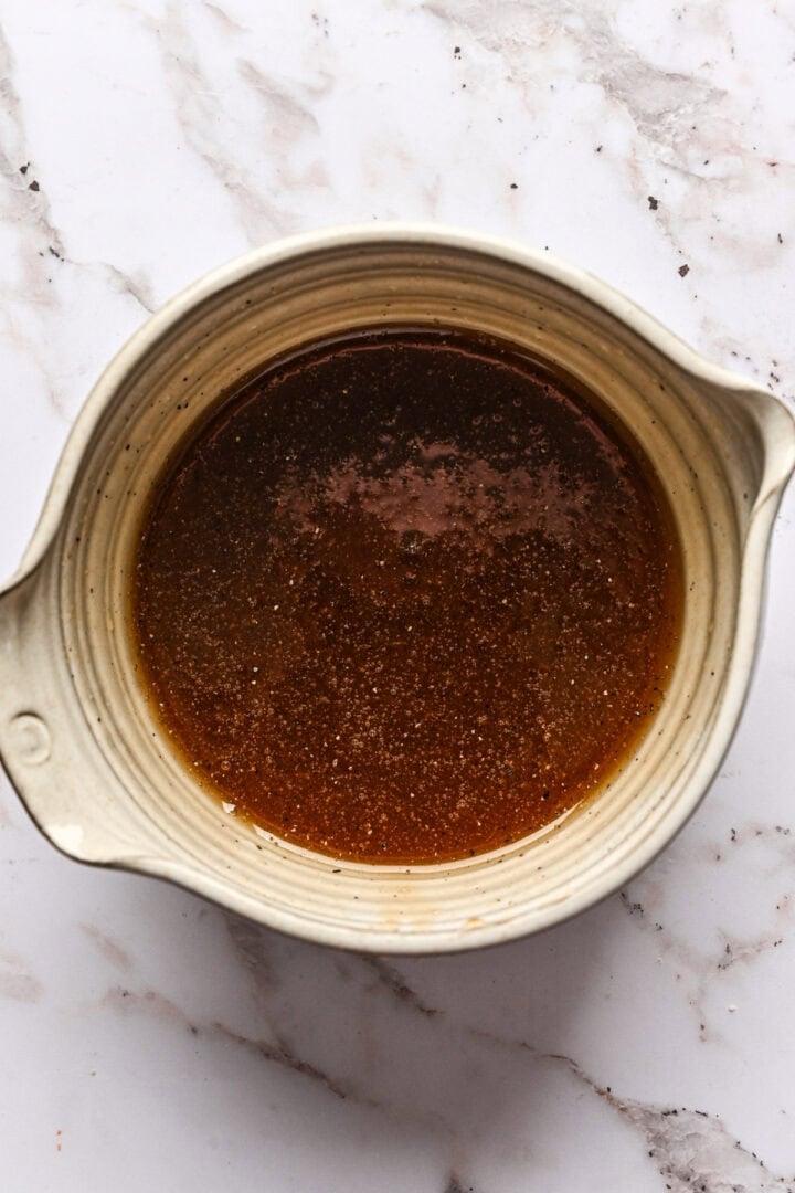 Maple syrup, olive oil, salt and pepper after whisking together.