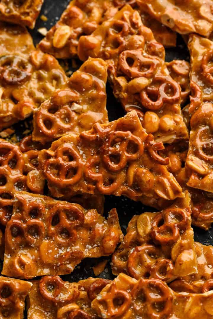 Close up view of pretzel peanut brittle pieces.