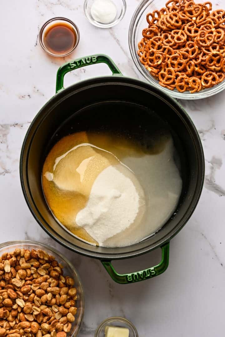 Sugar, honey and water in a large pot.