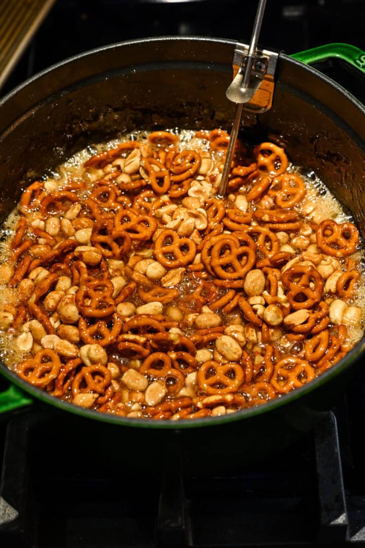 Sugar mixture after adding in the pretzels and peanuts.