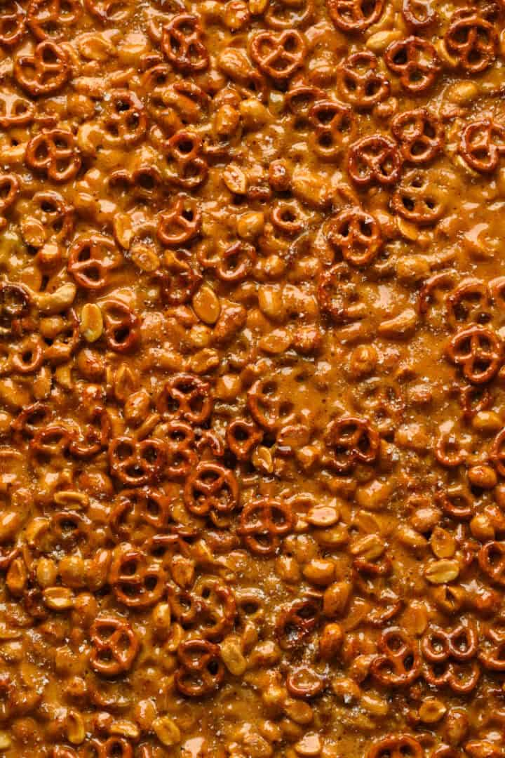 Close up overhead view of pretzel peanut brittle before breaking it up into pieces.