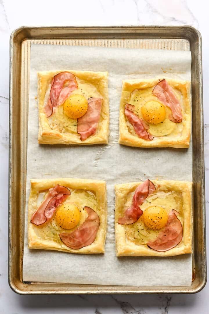 Overhead view of croque madame before baking.