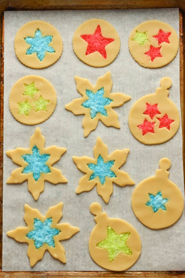 stained glass cookie ornaments before baking.
