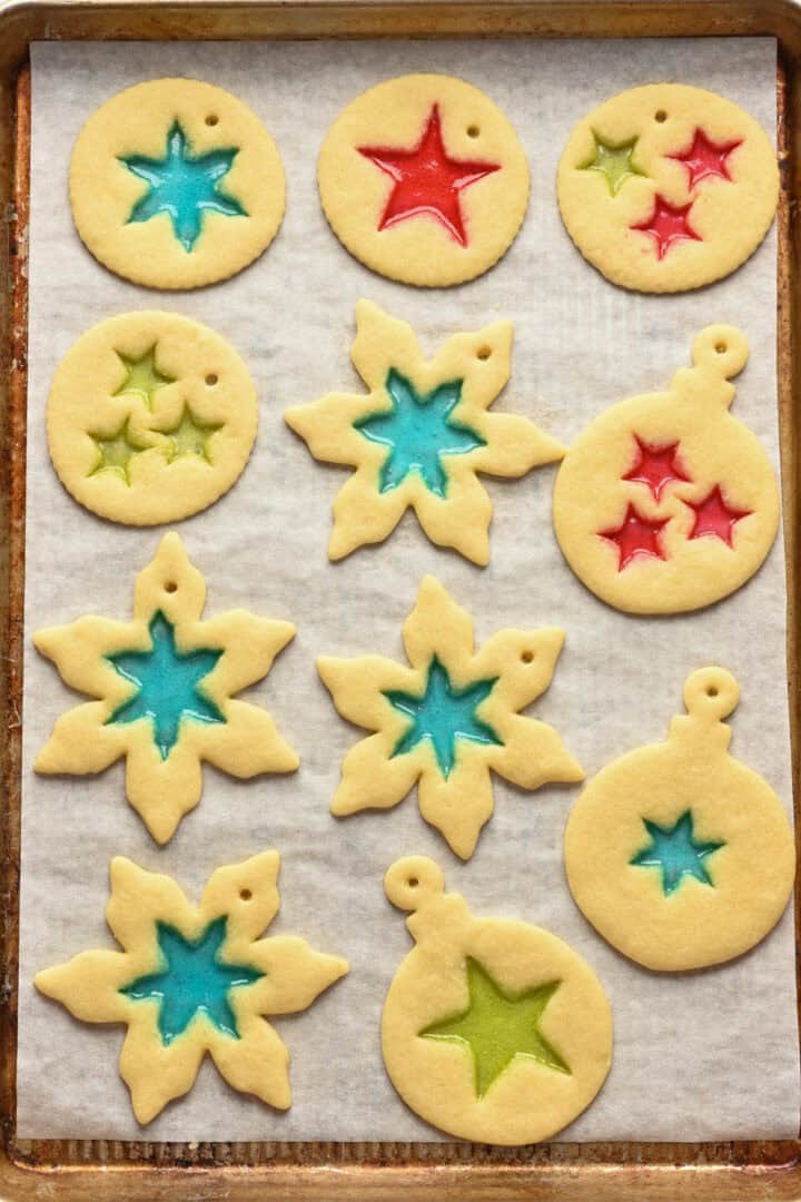 stained glass cookie ornaments after baking.