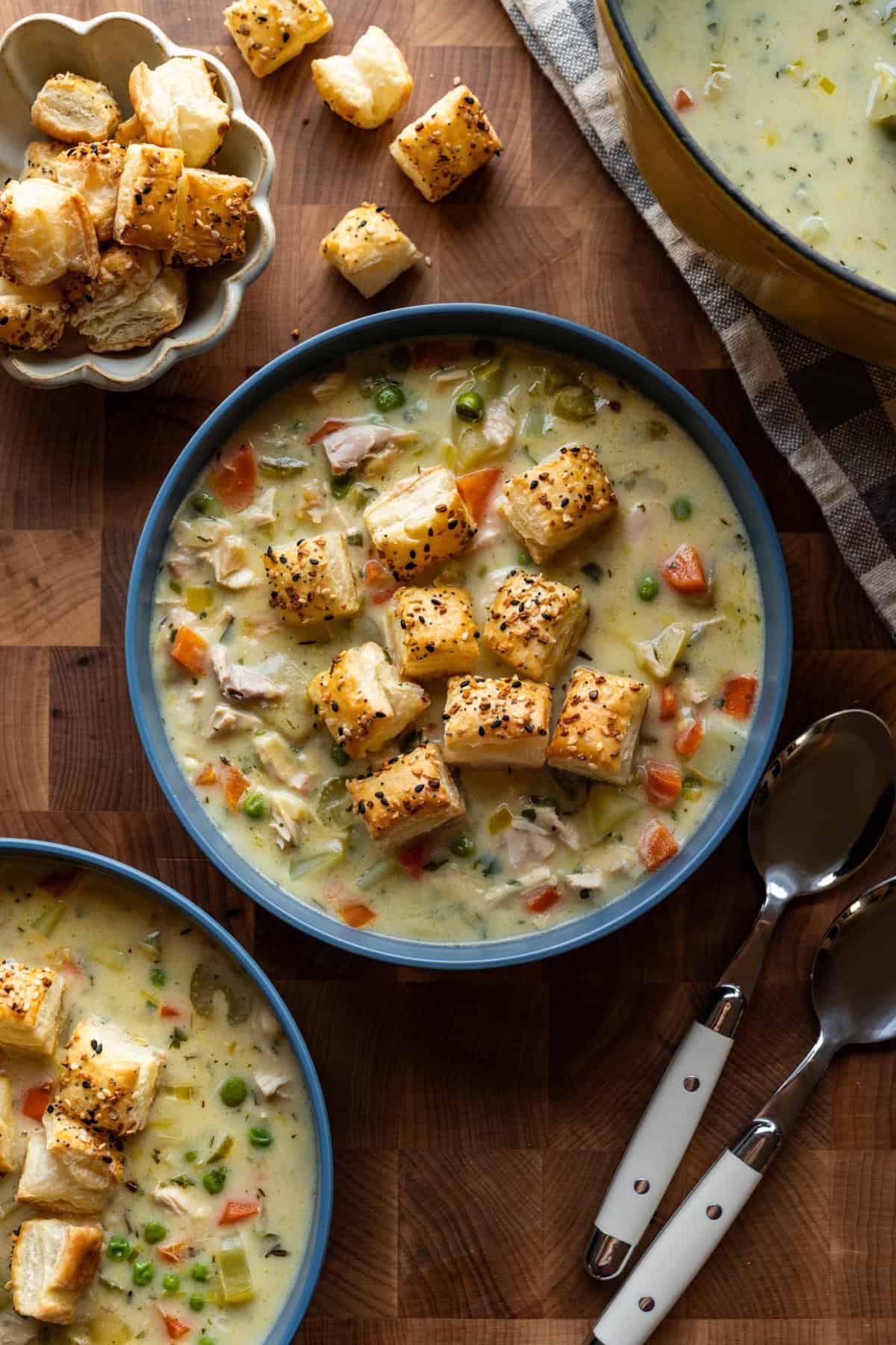 Overhead view of pot pie soup.