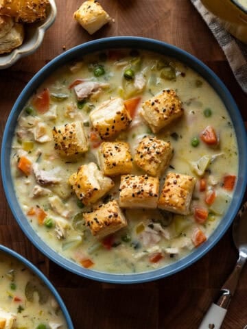 Overhead view of pot pie soup.