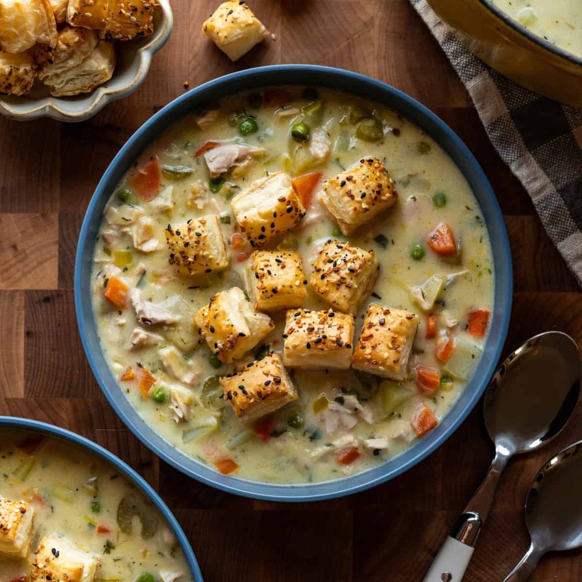 Chicken Pot Pie Soup with Puff Pastry Croutons - Crowded Kitchen