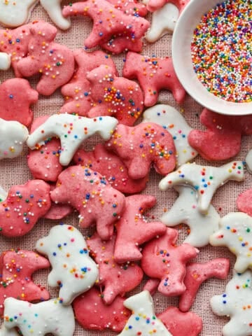 Overhead view of frosted animal cookies.