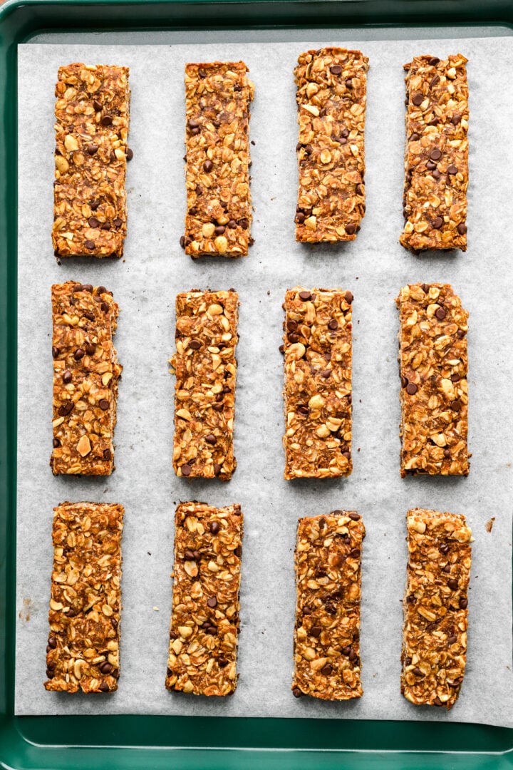Homemade granola bars after baking on sheet pan.