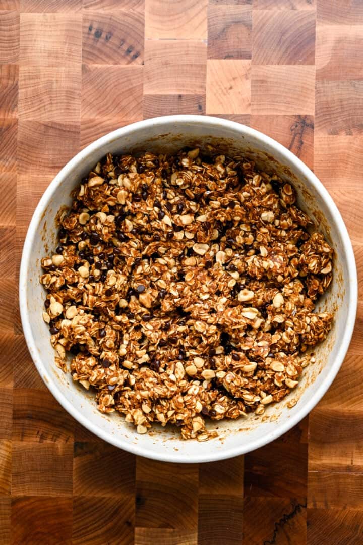 Granola bar mixture in a mixing bowl.