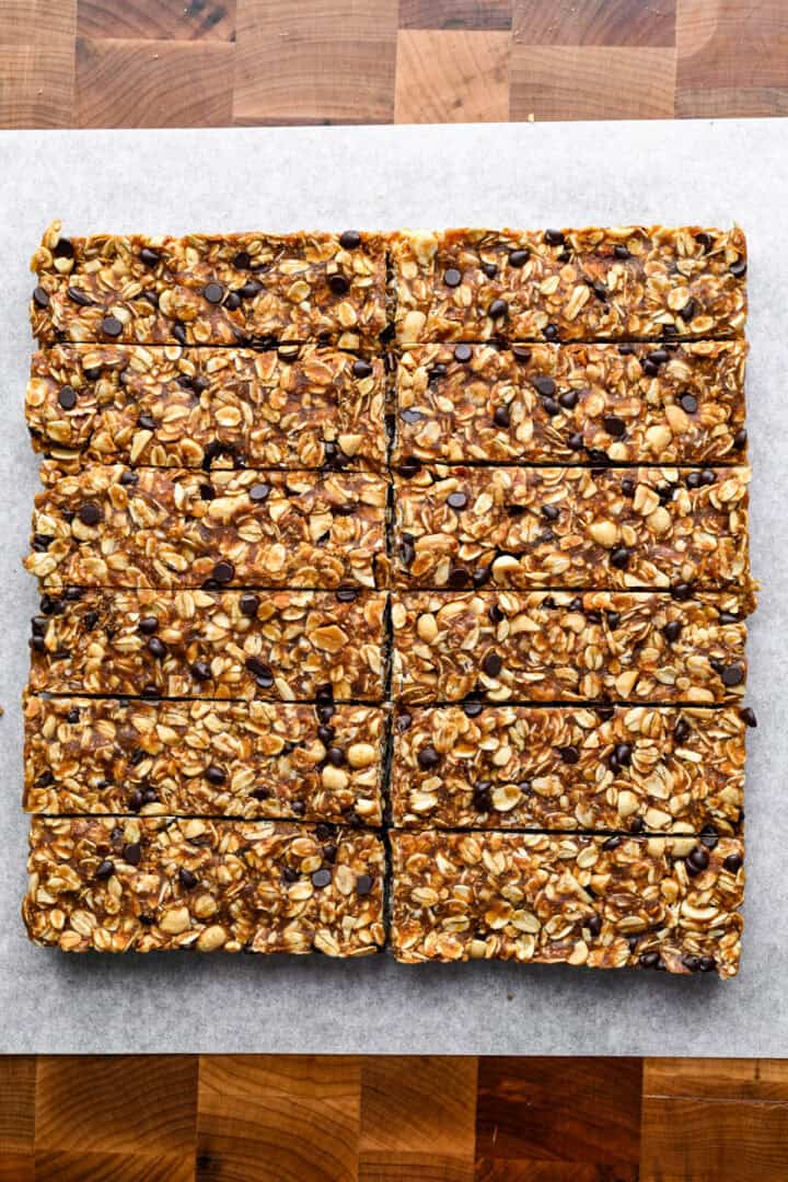 Homemade granola bars cut into 12 bars.